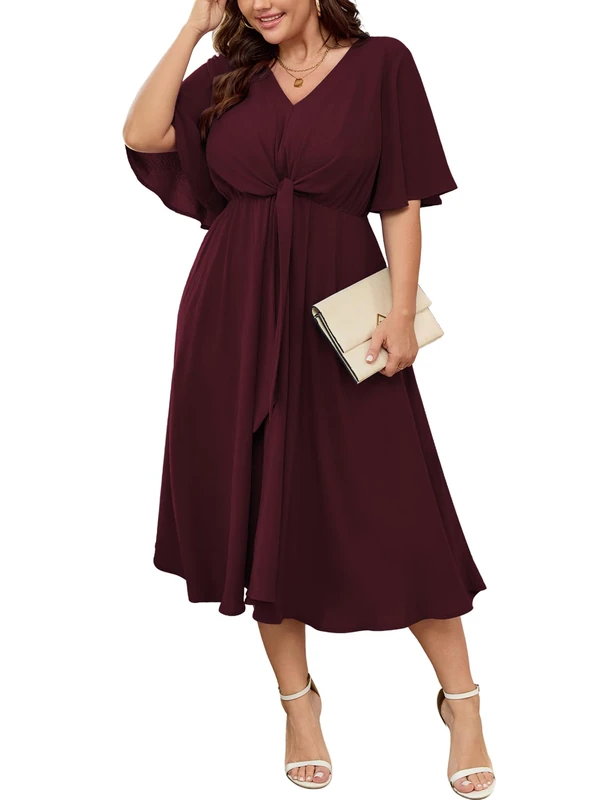 SCOMCHIC Women Plus Size Midi Dresses Wedding Guest Short Sleeve V Neck Tie Waist Casual Summer Flowy A Line Dress, Burgundy, 3XL Plus