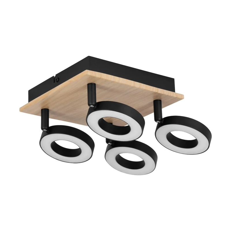 Eglo LED Ceiling Lamp Rielves, Light with 4 Adjustable Spots, Swivelling Spot Bar, Spotlight in Brown Wood and Black Metal, FSC Certified, Warm White, 17 x cm