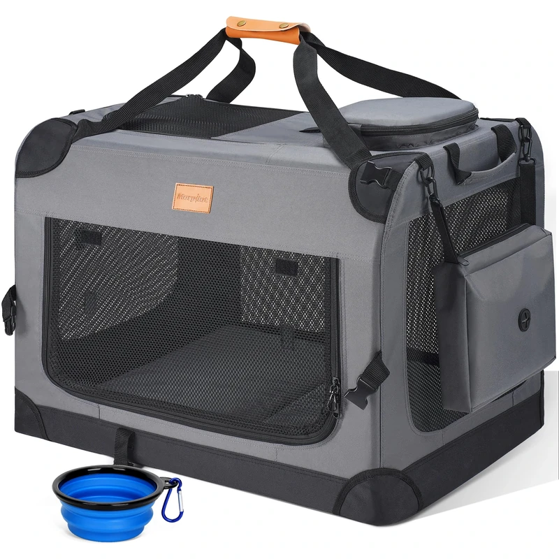 Morpilot Large Dog & Cat Carrier | Soft-Sided Pet Travel Crate, Foldable Dog Car Crate, with Collapsible Bowl, Shoulder Strap & Storage Pockets, M, Grey, (Max 12kg)