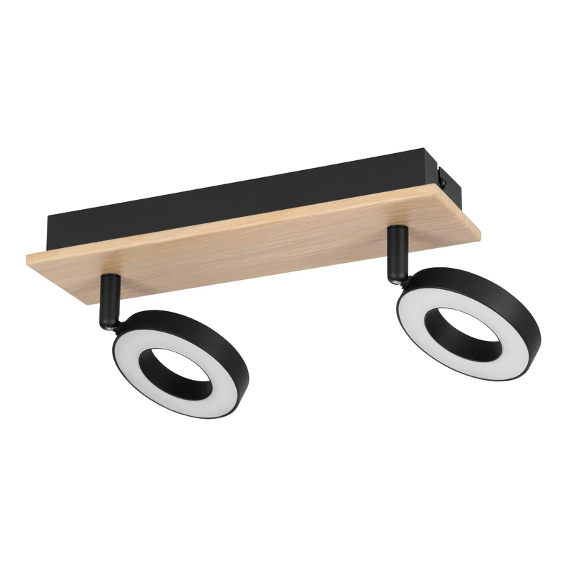 Eglo LED Ceiling Lamp Rielves, Light with 2 Adjustable spotlights, Swivel spot bar, Spotlight Made of Brown Wood and Black Metal, FSC-Certified, Warm White, Length 28 cm