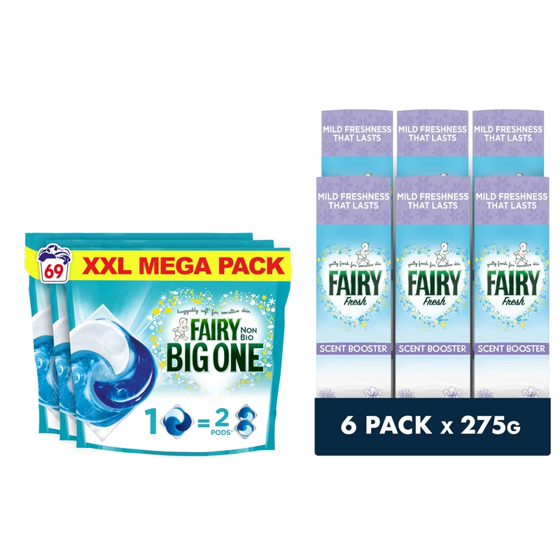 Fairy Non Bio Laundry Washing Detergent Value Pack, The Big One PODS® Liquid Capsules 69 Washes & In-Wash Scent Booster, 6 packs x275g, Silk Tree Blossom & Jasmine