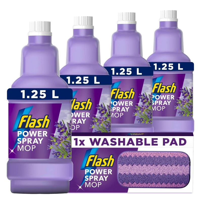 Flash Power Spray Mop Refills Bundle Value Pack, Lavender Refill Liquid 5 Litres (1.25 L x 4) & 1 Washable Pad