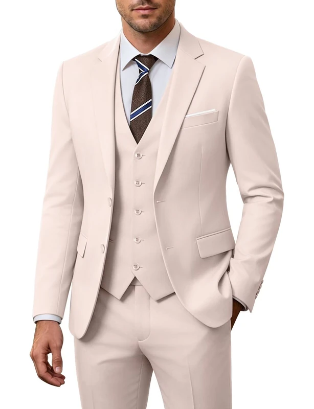 ZKHOECR Men's 3 Piece Slim Fit Suit Set, Two Button Blazer Solid Jacket Vest Pants Wedding Business Suit, Beige, M