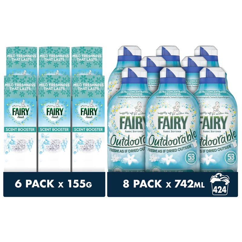 Fairy Non Bio Value Pack, Outdoorable Fabric Conditioner 424 Washes (8x53), Ultra Concentrated Formula For Sensitive Skin, & In-Wash Scent Booster 6 packs x155g