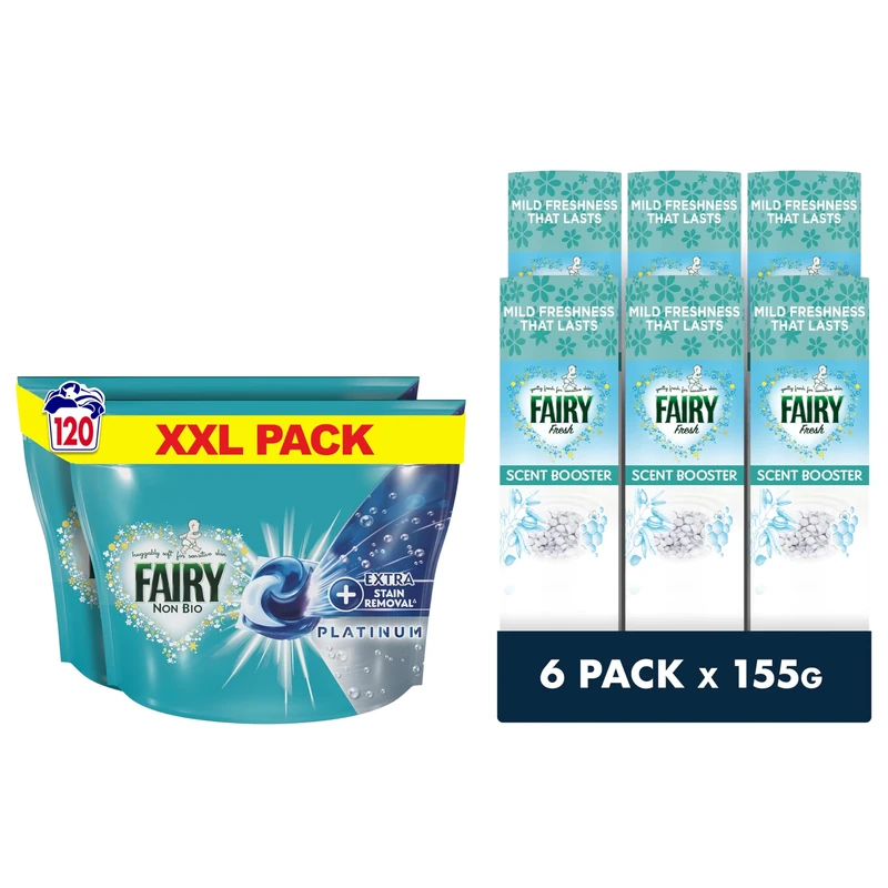Fairy Non Bio Laundry Washing Detergent Value Pack, Platinum PODS® Liquid Capsules 120 Washes, With Extra Stain Removal, & In-Wash Scent Booster, 6 packs x155g, Mild Freshness That Lasts