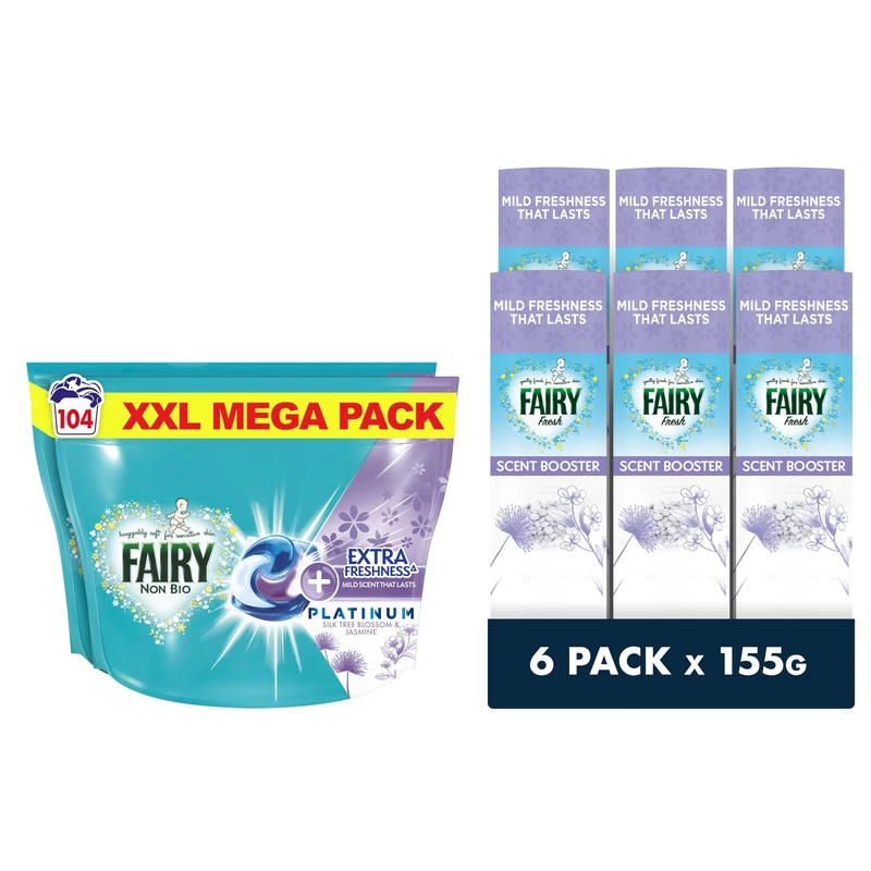 Fairy Non Bio Silk Tree Blossom & Jasmine Laundry Washing Detergent Value Pack, Platinum PODS® Liquid Capsules 104 Washes, & In-Wash Scent Booster, 6 packs x155g