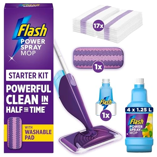 Flash Power Spray Mop Bundle Value Pack, Handle + 1 x Washable Pad + 17 x Disposable Pads + 4x Citrus Fresh Refill Liquid