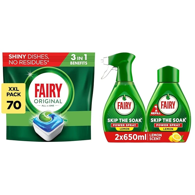 Fairy Dishwashing Bundle Value Pack, 70 Dishwasher Tabs & Skip the Soak Dish Power Spray Lemon (1x 650ml Spray + 1x 650ml Refill)