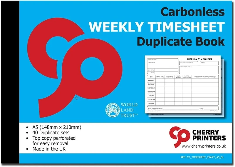 Cherry Weekly Timesheet 2pt Book A5 S+L | 40 Carbonless Duplicate Sets | Perforated Top Copy for Easy Removal | Record Working Hours Overtime & Tasks | Businesses Contractors & Freelancers **8 Pack**
