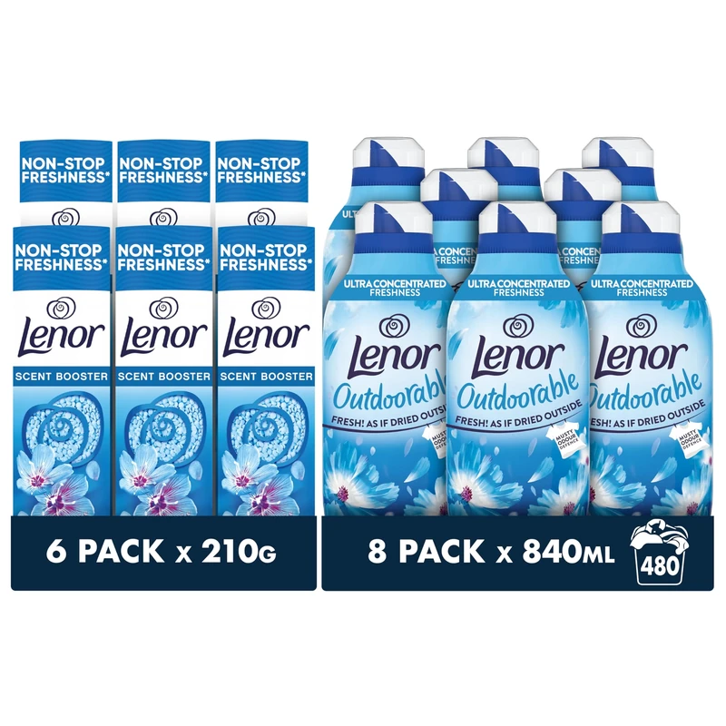 Lenor Spring Awakening Value Pack, Outdoorable Fabric Conditioner 480 Washes (8x60), & In-Wash Scent Booster 6 packs x210g, Longer Lasting Freshness