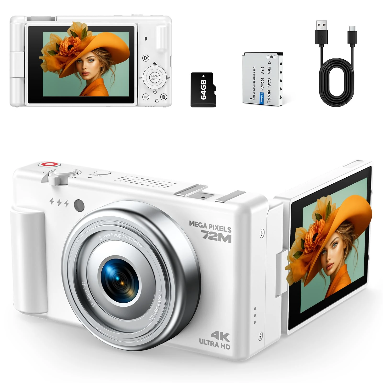 4K 72MP Autofocus Digital Camera for Vlogging YouTube & Photography, 18X Zoom Compact Camera with 64GB TF Card, 2.8" 270° Flip Screen, Webcam, Battery, for Teens Adults Beginners