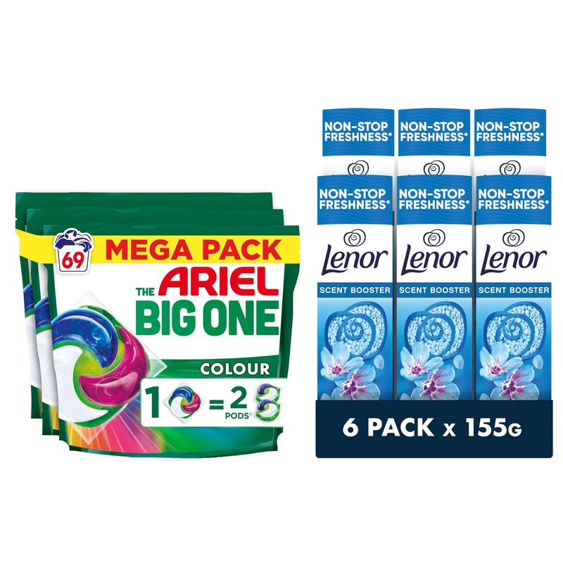 Ariel & Lenor Laundry Washing Detergent Value Pack, Ariel Colour The Big One PODS 69 Washes, 2X Stain & Odour Removal, & Lenor In-Wash Scent Booster, 6 packs x155 g, Spring Awakening