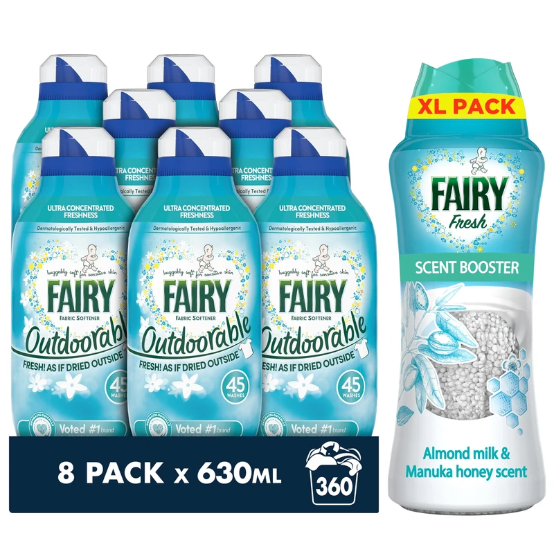 Fairy Non Bio Value Pack, Outdoorable Fabric Conditioner 360 Washes (8x45), Ultra Concentrated Formula For Sensitive Skin, & In-Wash Scent Booster (495g) For Mild Freshness That Lasts