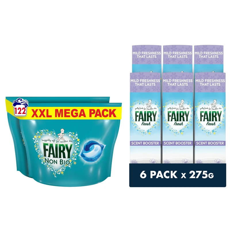 Fairy Non Bio Laundry Detergent Value Pack, PODS® Washing Liquid Capsules 122 Washes & In-Wash Scent Booster 6 packs x275g, Silk Tree Blossom & Jasmine