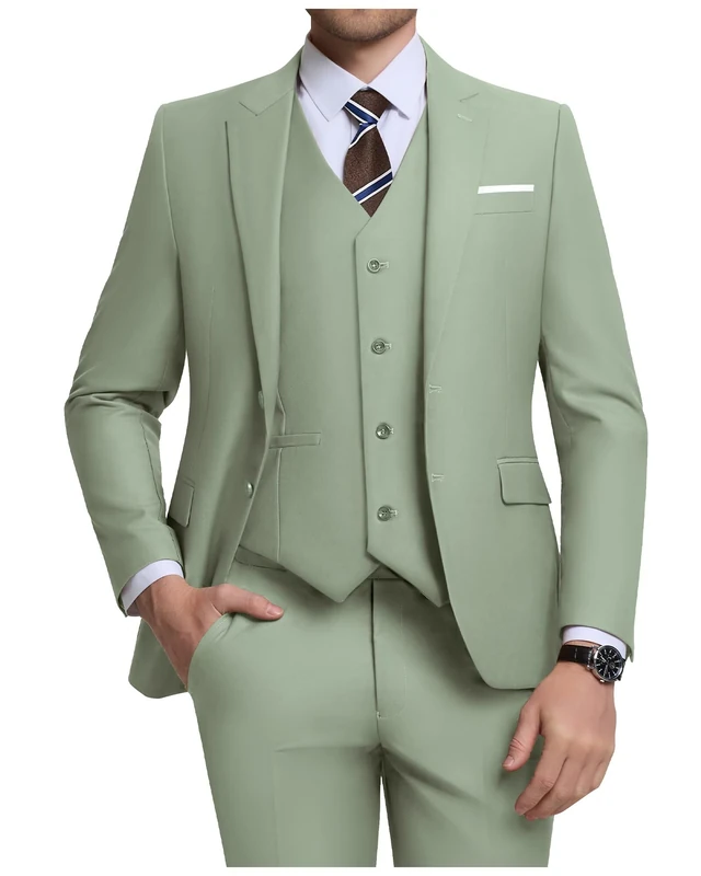 ZKHOECR Men's 3 Piece Slim Fit Suit Set, Two Button Blazer Solid Jacket Vest Pants Wedding Business Suit, Sage Green, XXL