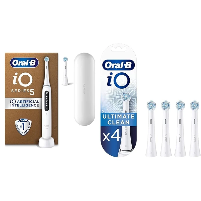 iO5 Series Plus Quite White + Oral-B iO Ultimate Clean White Toothbrush Heads 4 Pack