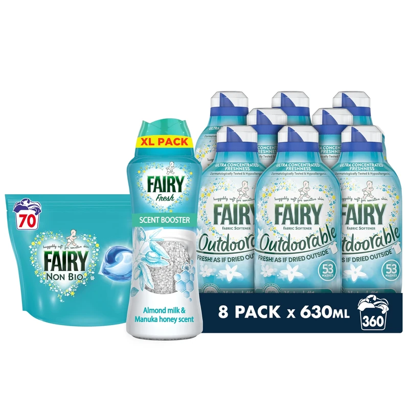 Fairy Non Bio Laundry Dream Team Value Pack, PODS® Washing Liquid Capsules 70 Washes, Outdoorable Fabric Conditioner 360 Washes (8x45), and In-Wash Scent Booster (495g) For Sensitive Skin