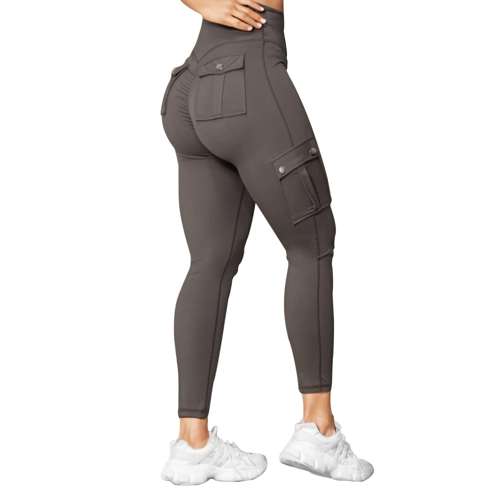 FNKDOR Cargo Leggings for Women UK High Waisted Stretchy Yoga Pants Running Sports Ladies Jogging Bottoms Fitness Yoga Pants Casual Booty Tummy Control Trousers with Pockets (A1-Khaki, XS)
