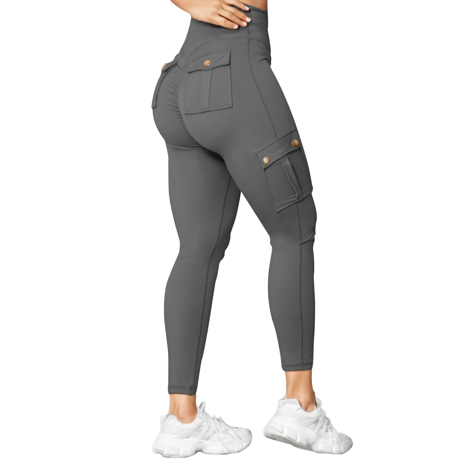 FNKDOR Cargo Leggings for Women UK High Waisted Stretchy Yoga Pants Running Sports Ladies Jogging Bottoms Fitness Yoga Pants Casual Booty Tummy Control Trousers with Pockets (A1-Grey, XS)