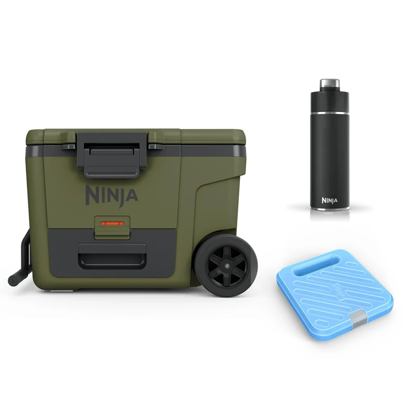 Ninja FrostVault Heavy-Duty Insulated Cool Box with Ninja Thirsti Bottle 530ml & Large Ice Pack, Wheeled Premium Cooler with Dry Zone Integrated Fridge-Temp Dry Storage Drawer, Olive, FB245AMZEUUKGN