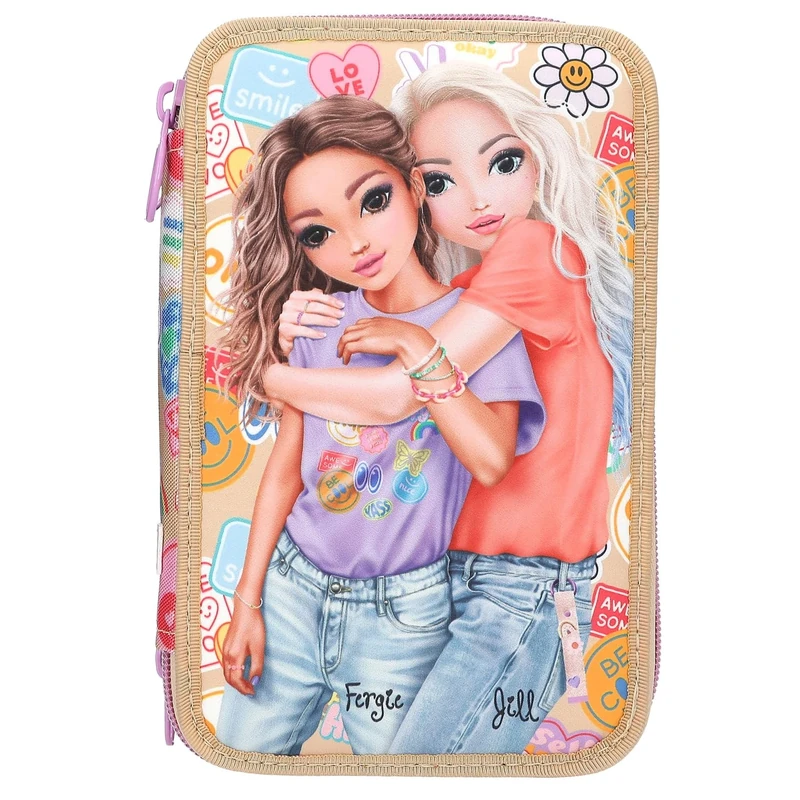 Depesche TOPModel Girl Power 13282 Filled 3-Compartment Pencil Case in Beige, with Model Motif and Colourful Batches, Pencil Case with Colouring Pencils, Scissors, Ruler and Much More
