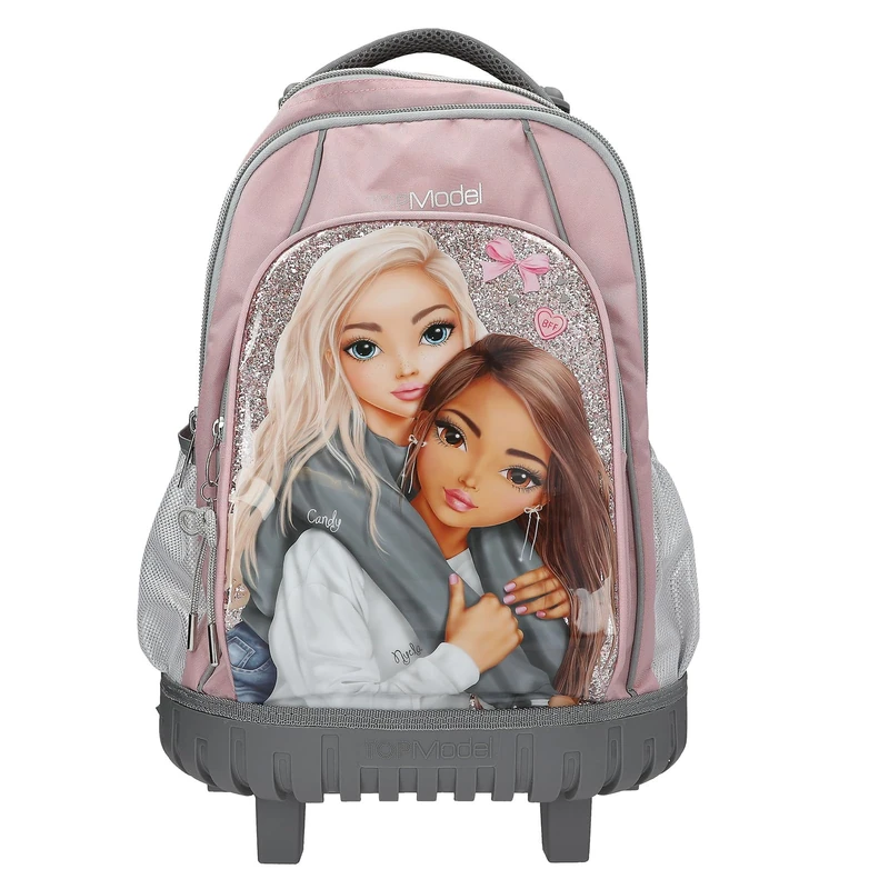Depesche TOPModel My BFF 13317 School Backpack Trolley in Pink and Grey with Model Motif and Glitter, School Bag with Telescopic Handle and Wheels
