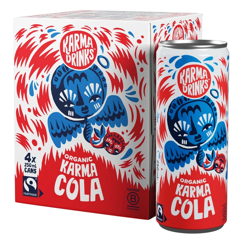 Karma Drinks Karma Cola - 4 x 250ml Cans - Natural Fizzy Soft Drinks, Fairtrade, Organic & Vegan - Image 1