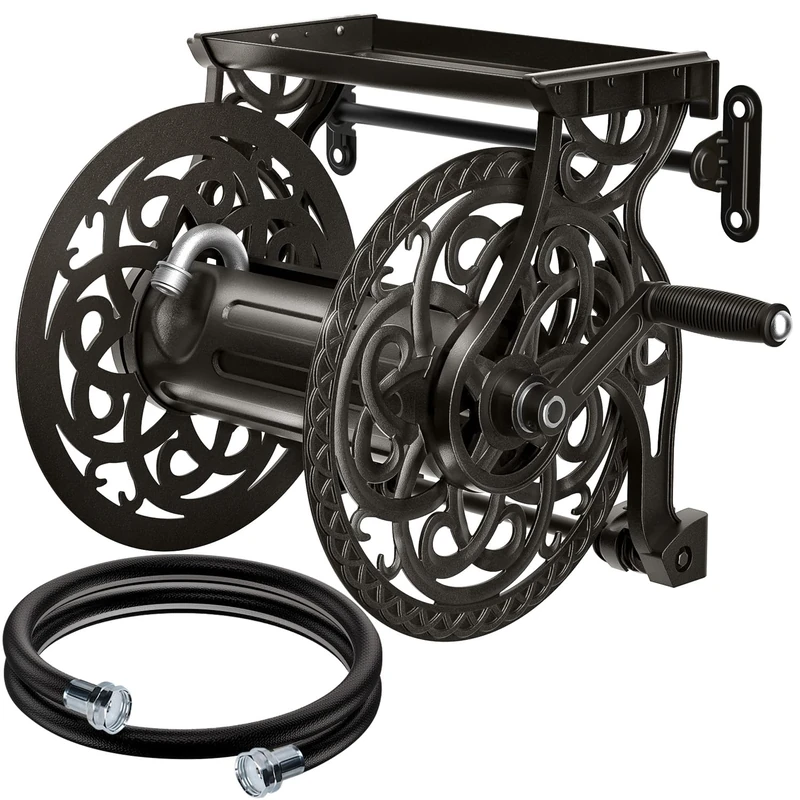 AQUAZILLA Metal Garden Hose Reel, Hose Holder with Aluminum Frame, NO LEAK Aluminum Water System, Easy Assembly, Hose Reel Wall Mount Holds 135ftx5/8in Hose, Ideal for Backyard and Garden, Dark Bronze