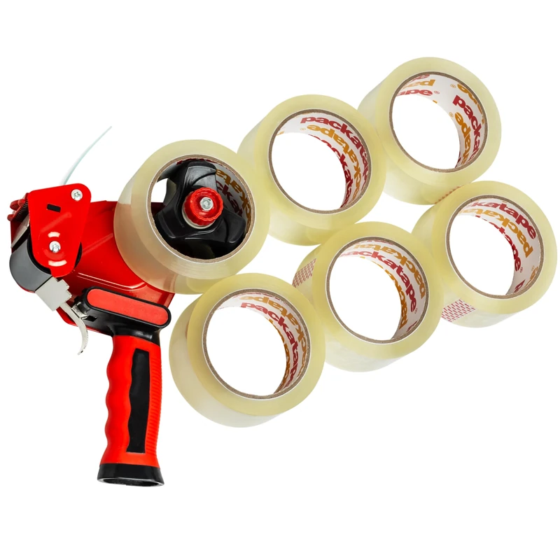 Packatape Packing Tape Gun with 6 Rolls of Extra Strong Clear Tape - Heavy Duty Packaging Tape with Premium Dispenser for Moving, Shipping, and Storage