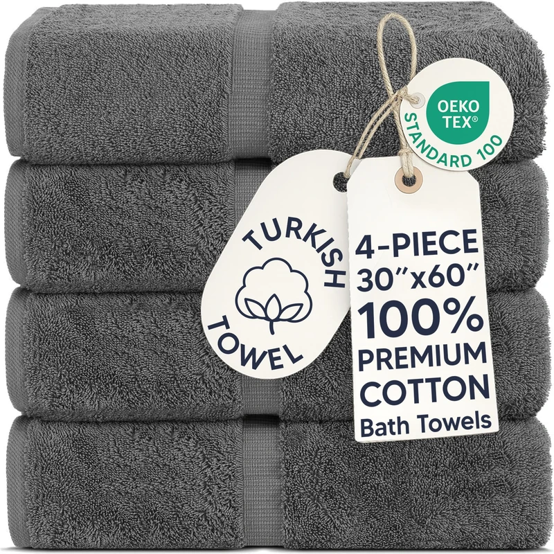 Chakir Turkish Linens 100% Cotton Premium Turkish Towels for Bathroom | 30'' x 60'' Large Bath Towels (4 Piece, Dark Gray)