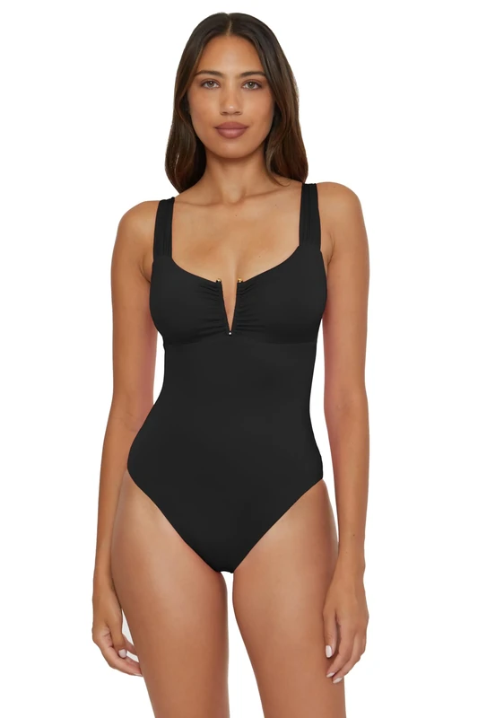 BECCA Women's Color Code V-Wire One Piece Swimsuit, Adjustable, Bathing Suits, Black, S