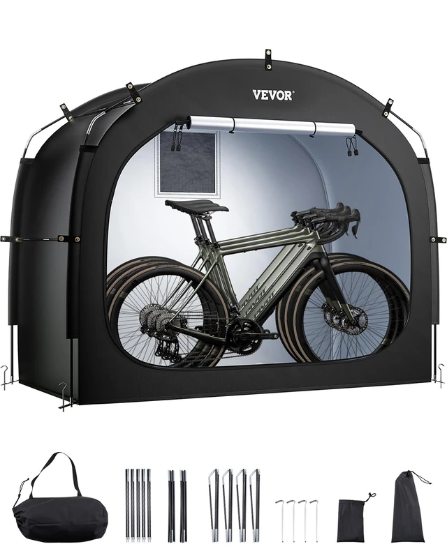 VEVOR Bike Storage Tent with Ventilated Window, Waterproof & Easy-to-Install for 3-4 Bicycles, High-Strength Fiberglass & Dual Zippers