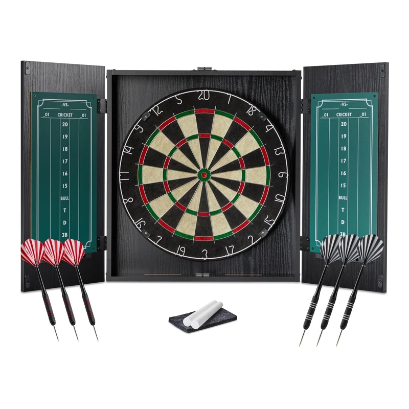 Amazon Basics Dartboard Cabinet Set with 6 Steel Tip Darts - Self-Healing Sisal Fiber, Built-in Scoreboard, Complete Mounting Kit, 55.2 cm x 50.2 cm, Black