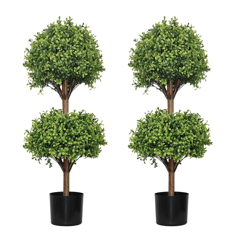 THE BLOOM TIMES 44 Inch Artificial Topiary Double Ball Boxwood Tree,Set of 2 Fake Potted Plants Faux Bushes & Shrubs Plants for Outdoor Planter Front Proch Decor