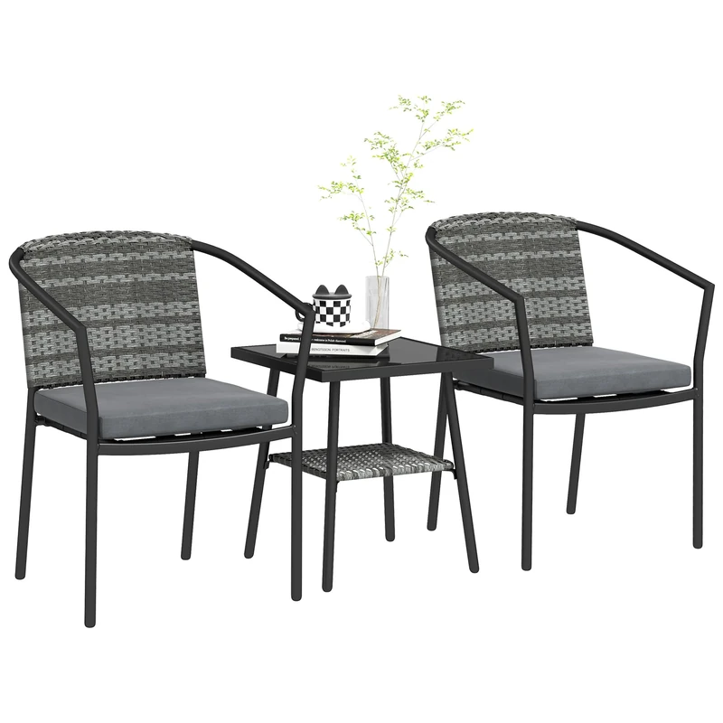 Outsunny 3 Pieces Rattan Bistro Set with Cushions, Wicker Garden Furniture Set, Glass Top Coffee Table and Chairs for Outdoor Patio, Balcony, Terrace and Conservatory, Grey