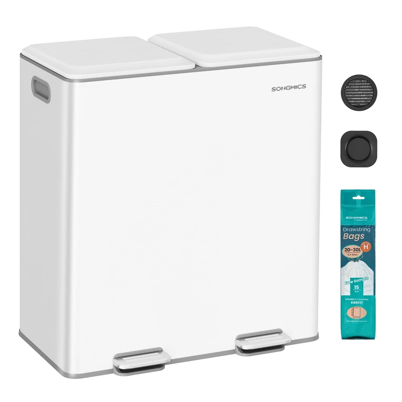 SONGMICS Kitchen Bin, 2 x 8 Gallon (2 x 30 L) Double Rubbish Bin for Waste and Recycling, with Soft-Close Lids, Removable Inner Buckets, Pedals, Steel, Cloud White LTB743W02