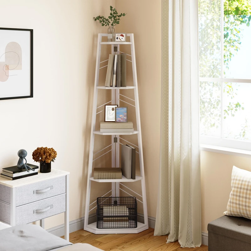 YITAHOME Corner Shelf, 5 Tier Ladder Shelf, Industrial Corner Bookshelf, Floorstanding Shelving Unit, Wooden Open Bookcase for Living Room, Hallway, Bedroom, Home Office, Pure White Bookshelves