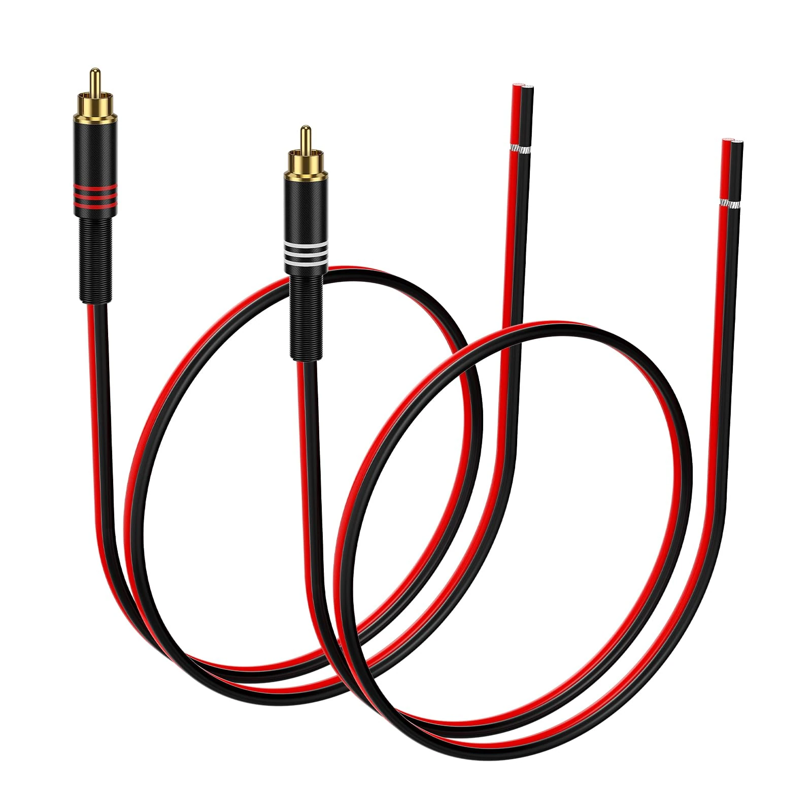 J&D Speaker Cable to RCA Plug, 2 Pack 20AWG 0.3 m, RCA Male Plug to Bare Wire Connector Adapter for Repairing Speaker Cords, Compatible with Amplifiers, AV Receivers, Red and Black