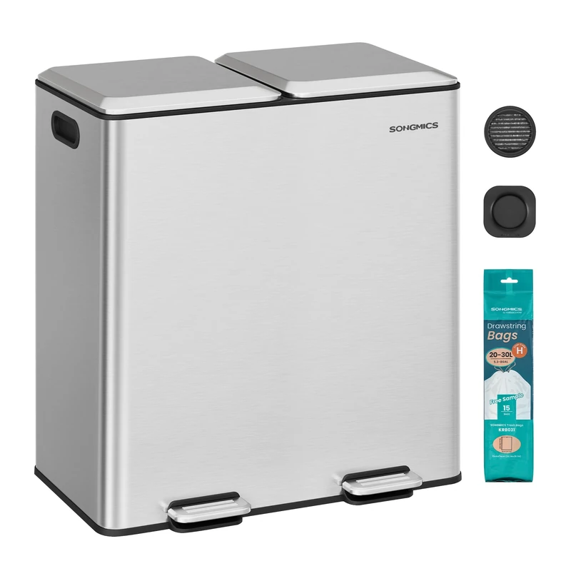 SONGMICS Kitchen Bin, 2 x 8 Gallon (2 x 30 L) Double Rubbish Bin for Waste and Recycling, with Soft-Close Lids, Removable Inner Buckets, Pedals, Stainless Steel, Metallic Silver LTB743E01