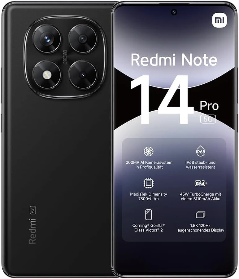 xiaomi Redmi Note 14 Pro 5G smartphone, 8+256GB, Black, 200MP pro-grade AI camera, IP68, 45W turbo charging with 5110mAh battery, AI features (no charger included), 2 year Warranty