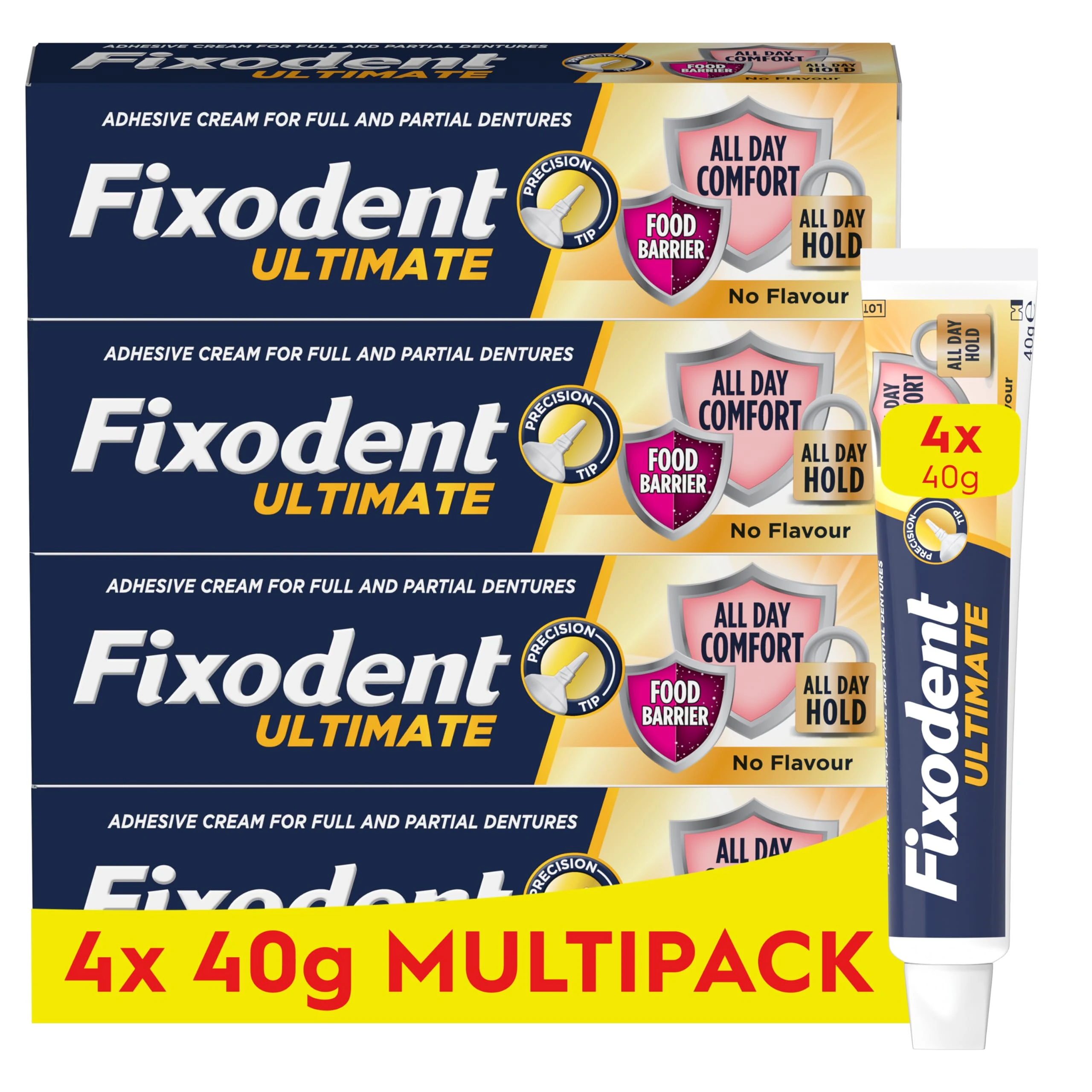 Fixodent Ultimate Denture Adhesive, Flavour Free 40g (Pack of 4)