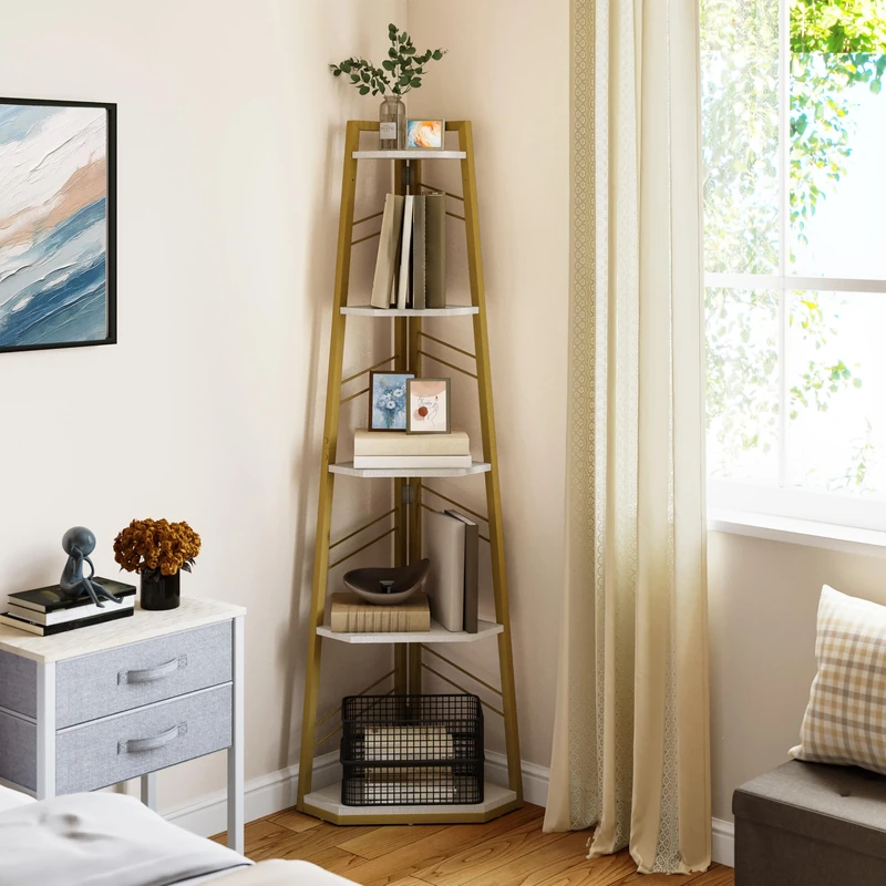 YITAHOME Corner Shelf, 5 Tier Ladder Shelf, Industrial Corner Bookshelf, Floorstanding Shelving Unit, Wooden Open Bookcase for Living Room, Hallway, Bedroom, Home Office, Gold Bookshelves