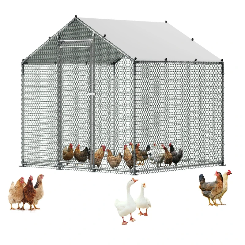 VEVOR Metal Chicken Coop, 6.56x6.56x6.56ft Large Walk-in Chicken Runs with Cover, Spire Roof Hen House Enclosure with Security Lock, Outdoor Duck Rabbit Cage Poultry Pen for Backyard, Farm, Yard