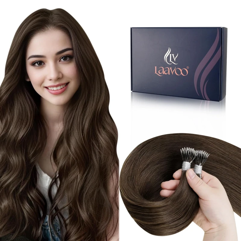 LaaVoo Nano Hair Extensions Real Human Hair 100g Full Head Nano Beads Hair Extensions Dark Brown Invisible Nano Ring Straight Remy Hair 100s 14 Inch #4