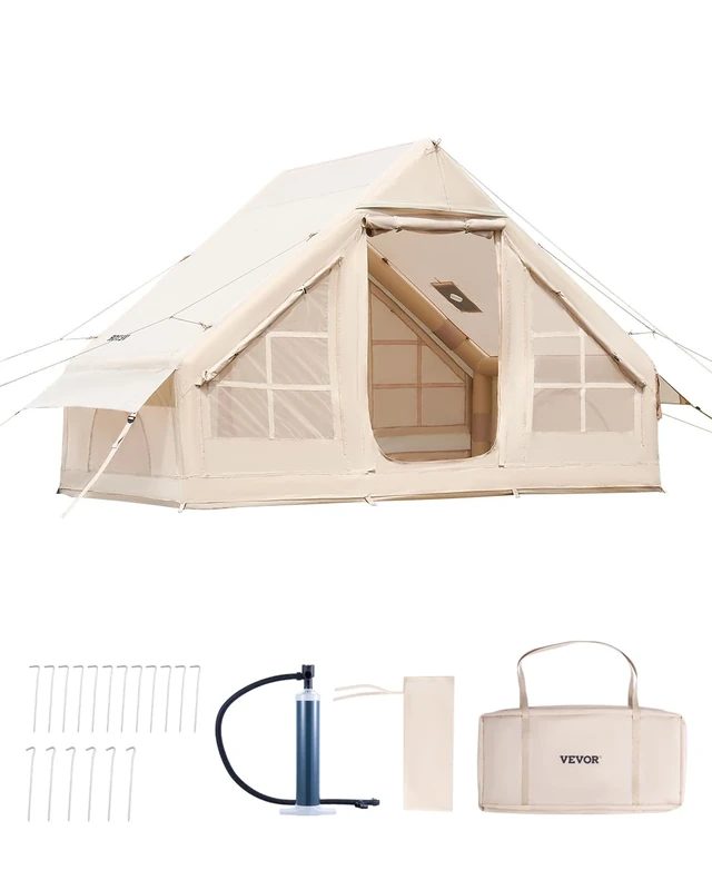 VEVOR Inflatable Tents for Camping, 3-5 Person Easy Setup Blow up Tent with Hand Pump, 300D Oxford 4 Season Glamping Tent with Stove Jack 2 Doors & 2 Mesh Windows, Storage Bag Included for Easy Taking