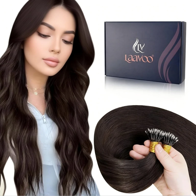 LaaVoo Nano Hair Extensions Real Human Hair 100g Full Head Nano Beads Hair Extensions Darkest Brown Invisible Nano Ring Straight Remy Hair 100s 14 Inch #2