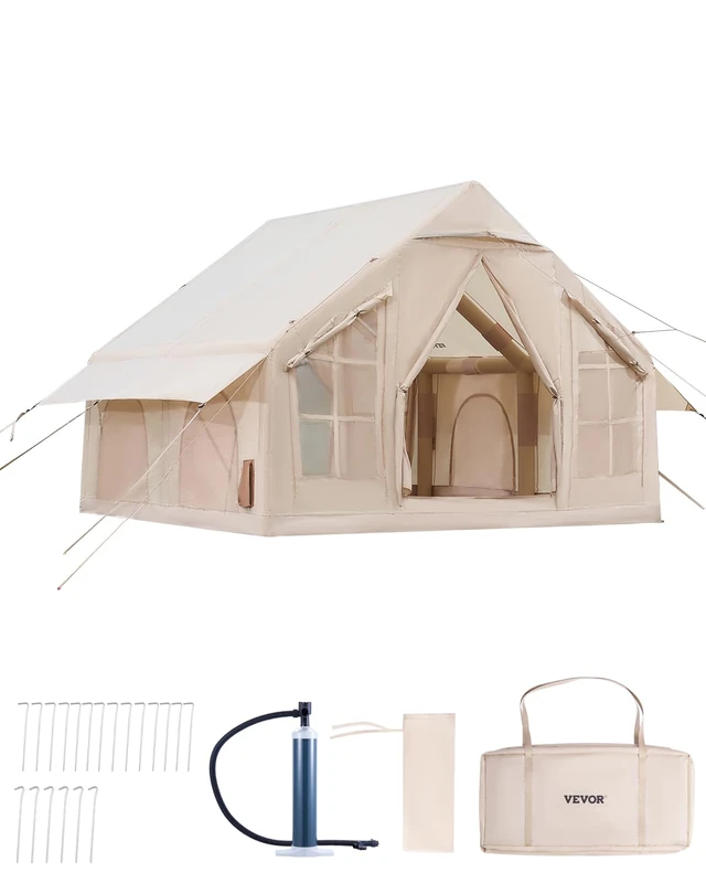 VEVOR Inflatable Tents for Camping, 4-6 Person Easy Setup Blow up Tent with Hand Pump, 300D Oxford 4 Season Glamping Tent with Stove Jack 2 Doors & 4 Mesh Windows, Storage Bag Included for Easy Taking