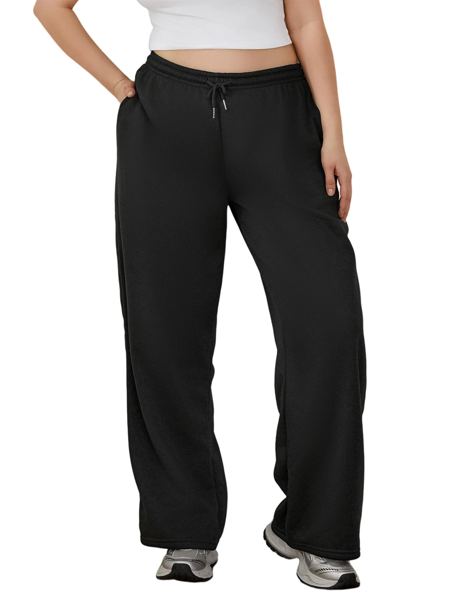 Women's Casual Joggers Sweatpants Solid Color Drawstring High Waist Wide Leg Pants with Pockets (Black, S)