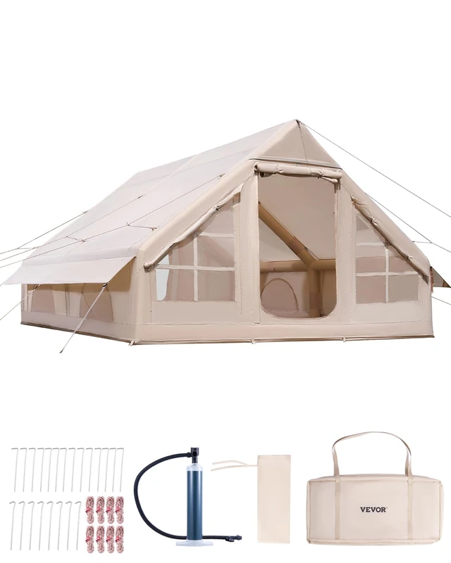 VEVOR Inflatable Tents for Camping, 5-8 Person Easy Setup Blow up Tent with Hand Pump, 300D Oxford Glamping Tent with Stove Jack 2 Doors & 4 Mesh Windows, Storage Bag Included for Easy Taking