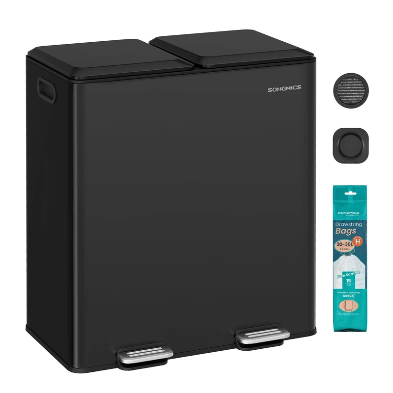 SONGMICS Kitchen Bin, 2 x 8 Gallon (2 x 30 L) Double Rubbish Bin for Waste and Recycling, with Soft-Close Lids, Removable Inner Buckets, Pedals, Steel, Ink Black LTB743B02
